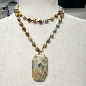 OilNana‎ picture Jasper brass linked necklace 34” long drop 2.5” x 1.5”
